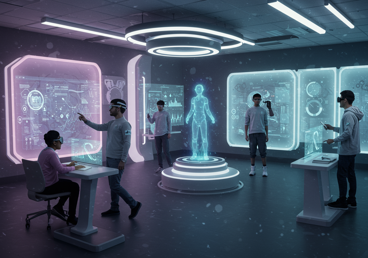 Salle de classe futuriste avec technologie éducative